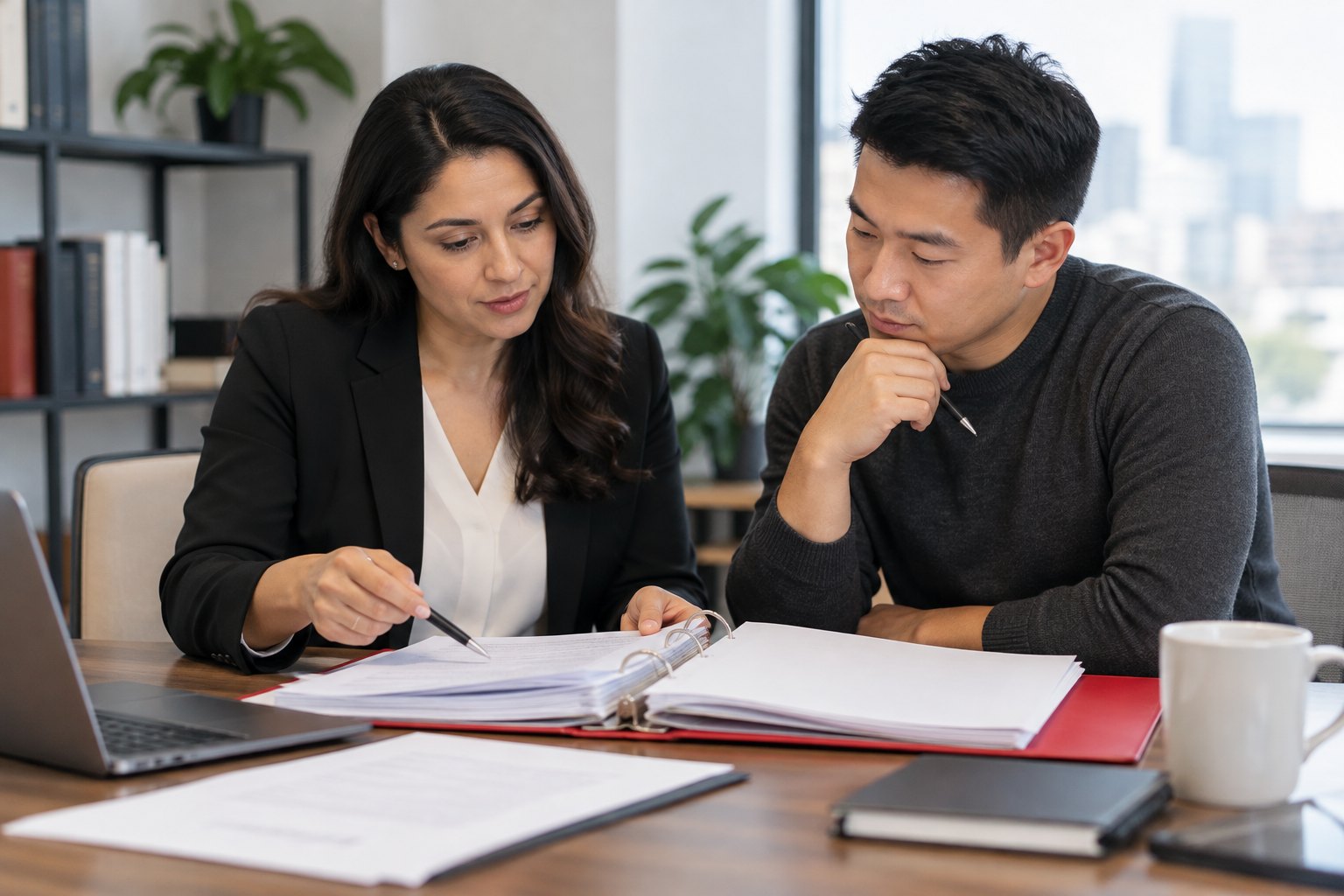 An immigration consultant and client reviewing an appeal file