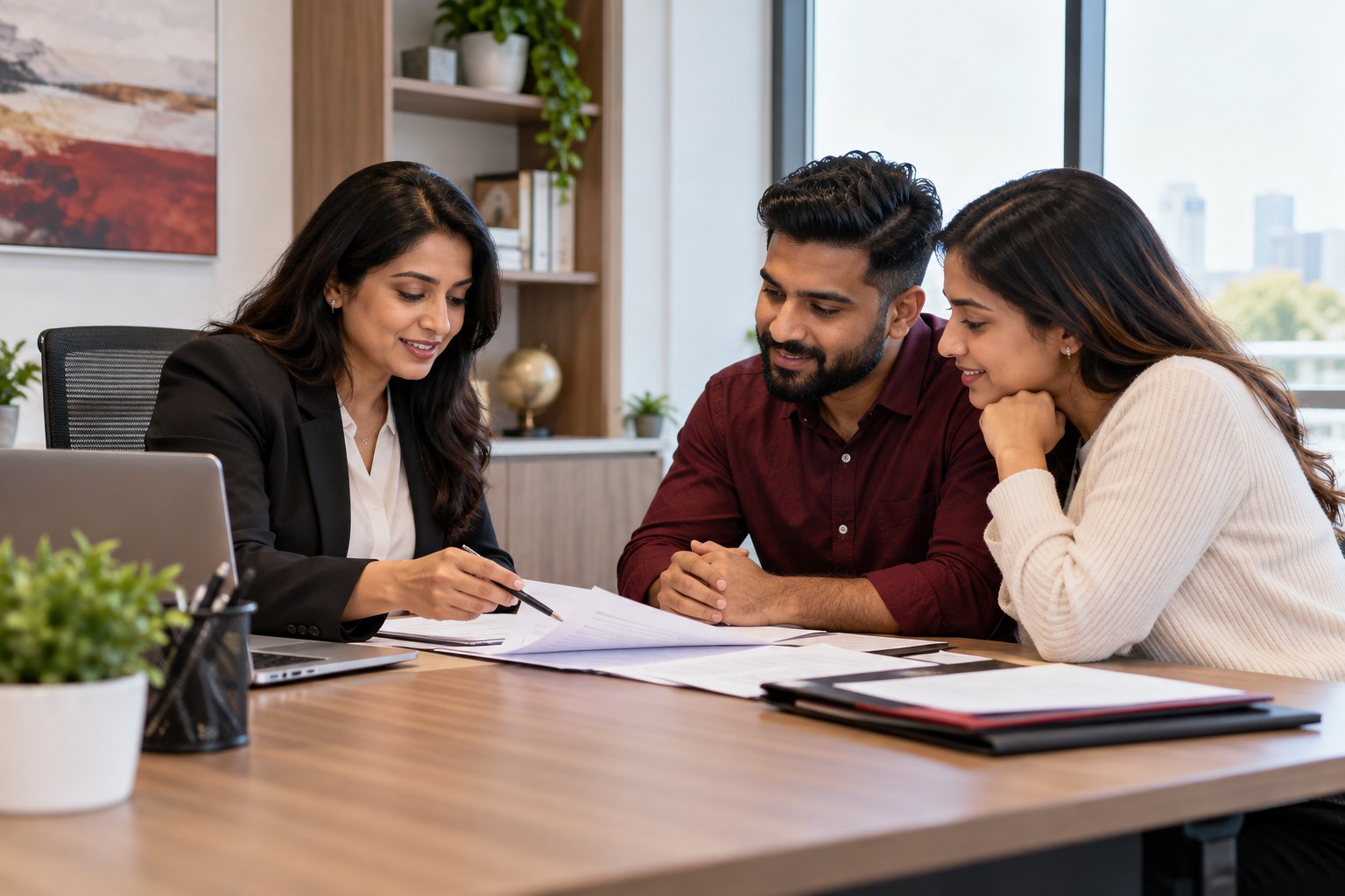 An immigration consultant reviewing documents with a couple