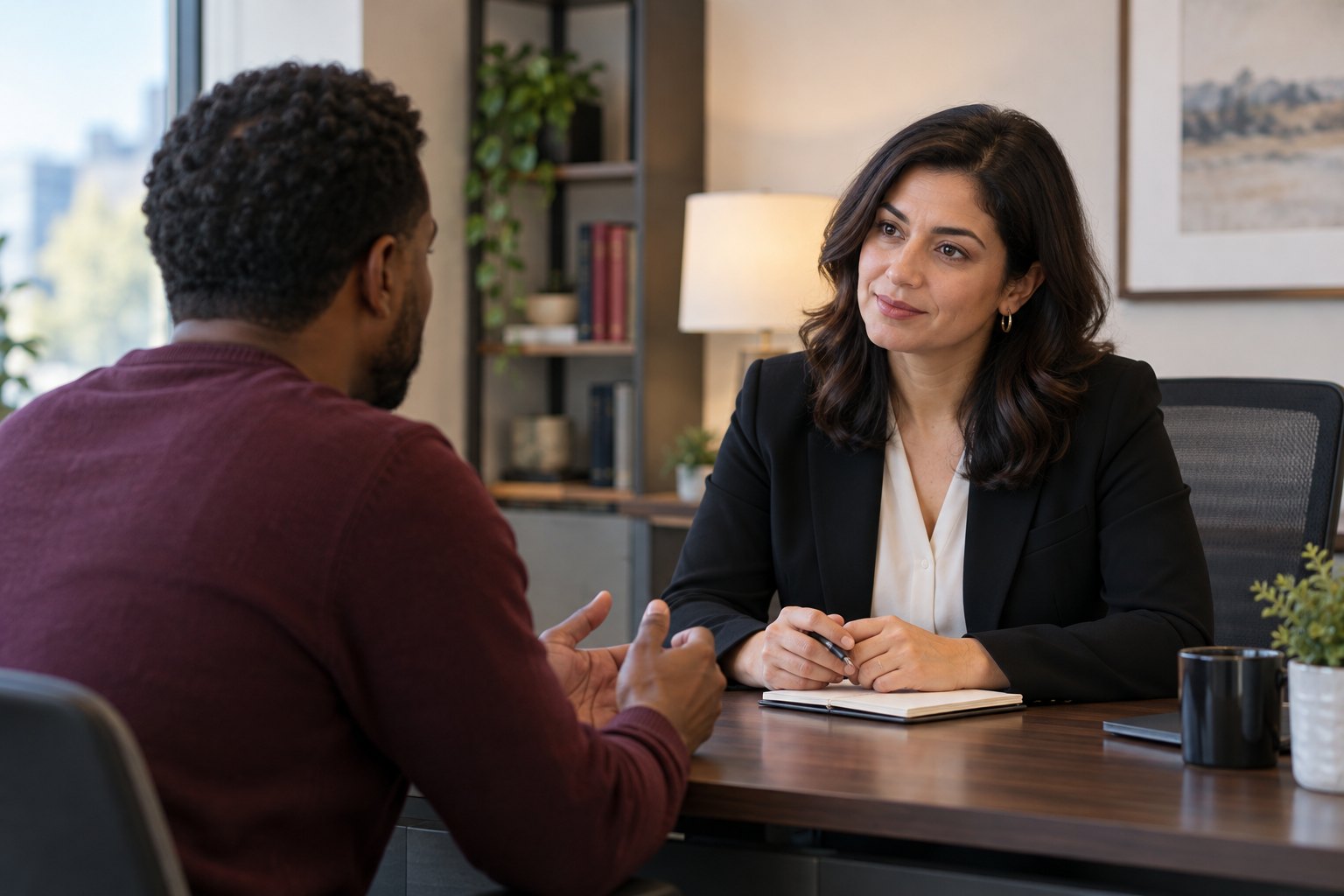 A consultant listening to a client in a private office